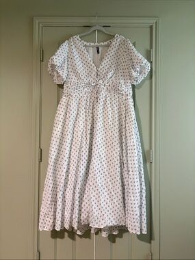 Anthropologie Katerina Button front White and Navy Midi Dress with V-Neck 2x